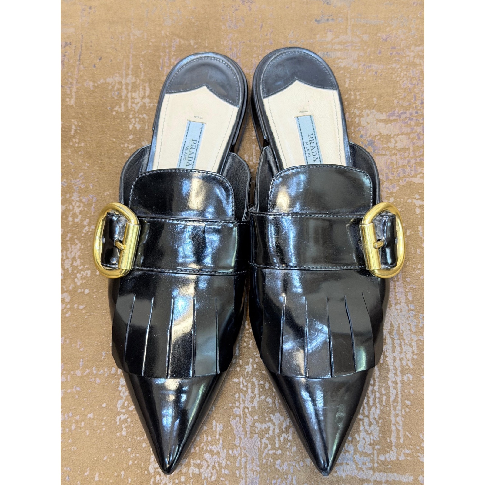 Prada Black Leather Kiltie Mules Pointed Toe Gold Buckle Fringe Slides 38.5
